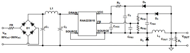アプリケーション回路図 - Renesas Electronics RAA223010 AC/DCバックレギュレータ